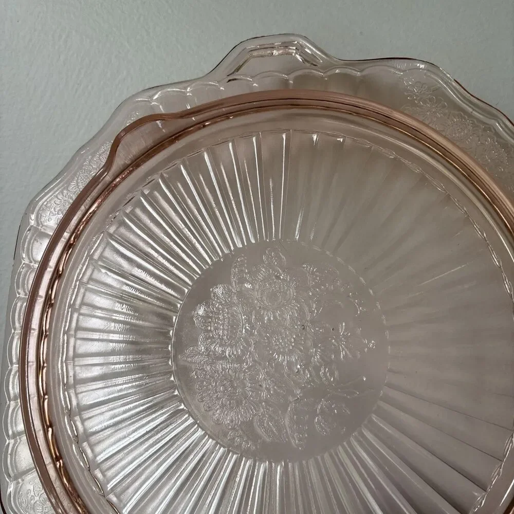 Vintage Pink Depression Glass Granny Cottage Cake Plate Mayfair Open Rose 1930s